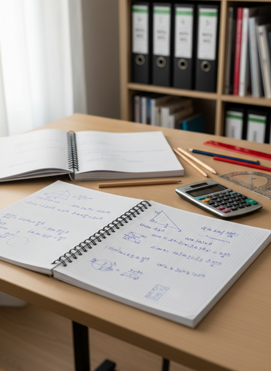 A clean, modern French middle-school mathematics study desk seen from a slightly elevated angle, photographed with realistic clarity. On a light oak tabletop lie open math notebooks filled with neatly drawn geometric shapes, algebraic expressions, and number lines, all handwritten in blue ink. A high-quality scientific calculator, sharpened wooden pencils, colorful rulers, and a transparent protractor are carefully arranged. In the background, a blurred bookshelf holds binders labeled by collège levels: 6e, 5e, 4e, 3e. Soft daylight from an unseen window casts gentle, natural shadows, creating a calm, studious mood. The composition follows the rule of thirds with sharp focus on the central notebook, conveying a professional, organized educational atmosphere for French collège maths.
