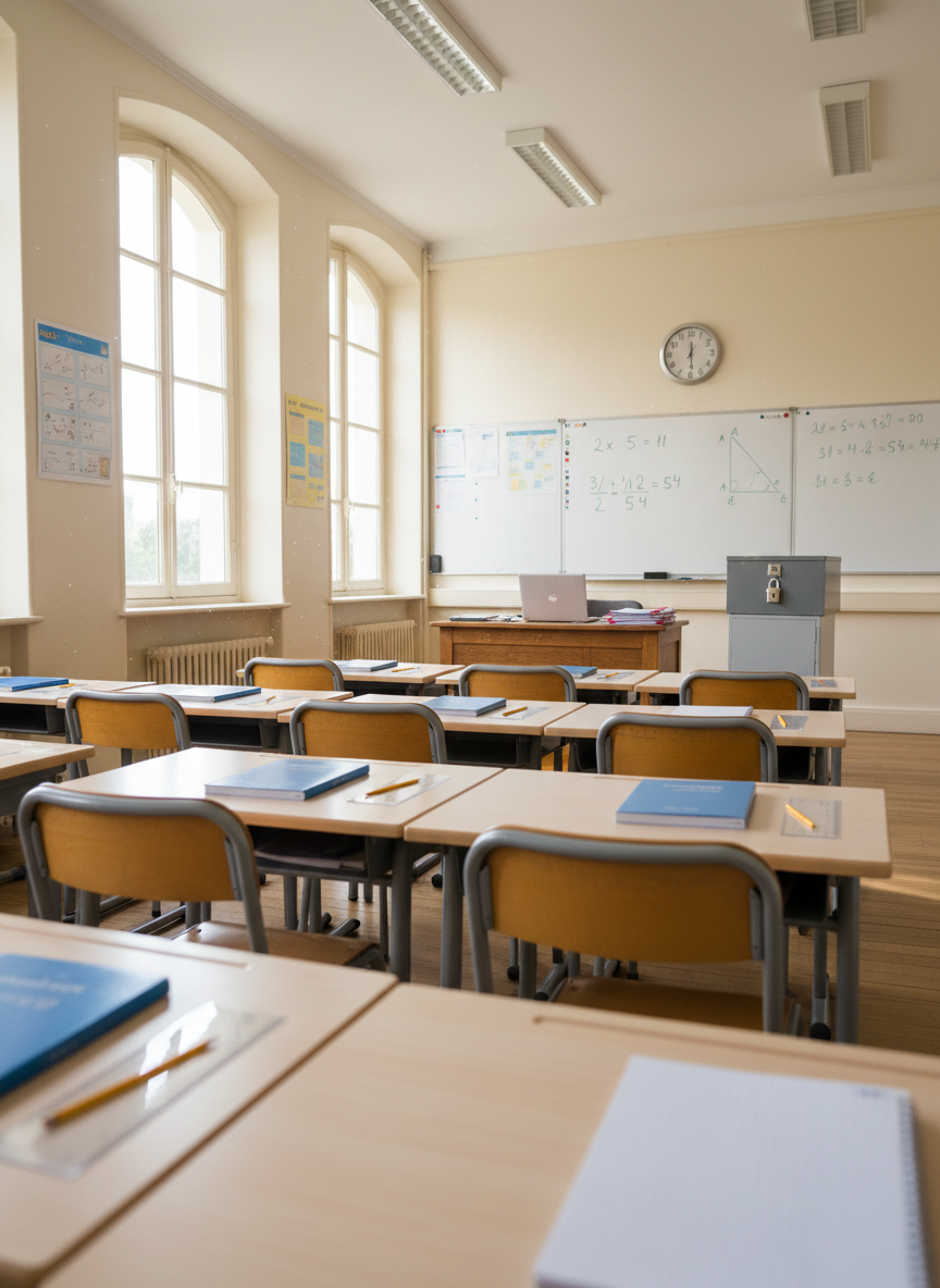 A bright, orderly French collège maths classroom without any students, captured in photographic realism from the back of the room looking toward the whiteboard. Rows of light wooden desks each hold a closed math workbook, a square notebook, a ruler, and a pencil neatly aligned. At the front, a large whiteboard is filled with clearly written equations, fractions, and a simple geometry diagram, suggesting topics from 6e to 3e. A sturdy teacher’s desk stands to the side with a laptop, a stack of graded papers, and a secure-looking locked metal drawer, hinting at a private teacher space. Morning light filters through tall windows, illuminating dust motes and creating a calm, focused academic atmosphere with balanced, symmetrical composition and sharp depth of field.