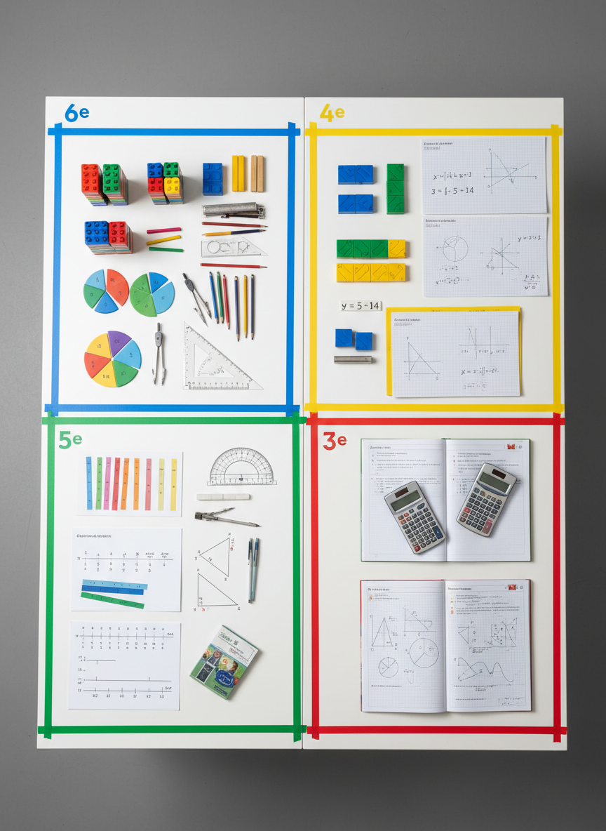 An overhead, photographic view of a large, white table divided visually into four distinct sections, each representing a French collège level: 6e, 5e, 4e, 3e. In each quadrant, specialized materials are arranged: for 6e, colorful counting cubes, simple fraction circles, and basic geometry tools; for 5e, fraction strips, protractors, and number line diagrams; for 4e, algebra tiles, graph paper with linear functions, and equations; for 3e, exam-style booklets, calculators, and trigonometry sketches. Thin colored tape subtly marks the boundaries between levels. Soft overhead studio lighting creates crisp, gentle shadows and highlights the textures of paper, plastic, and metal. The mood is structured and professional, emphasizing clear progression through middle-school maths.