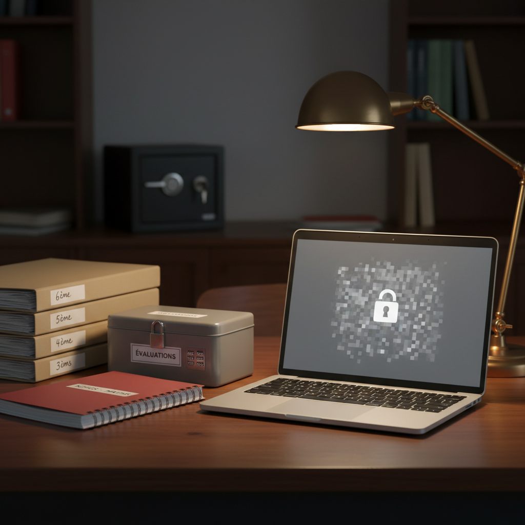 A close-up, eye-level photographic scene of a French maths teacher’s private, secure workspace in a collège, with no people present. A modern laptop sits open on a tidy dark-wood desk, its screen displaying a blurred interface suggesting a password-protected portal. Beside it are neatly stacked folders labeled by class level, a locked metal box for assessments, and a thick gradebook. A small, sturdy safe with a key inserted stands in the background, symbolizing data security. Soft, warm desk-lamp lighting casts focused illumination on the work area, with the surrounding office fading into gentle shadow. The composition centers the laptop and lockable items, conveying professionalism, confidentiality, and an organized environment dedicated to maths teaching and assessment.