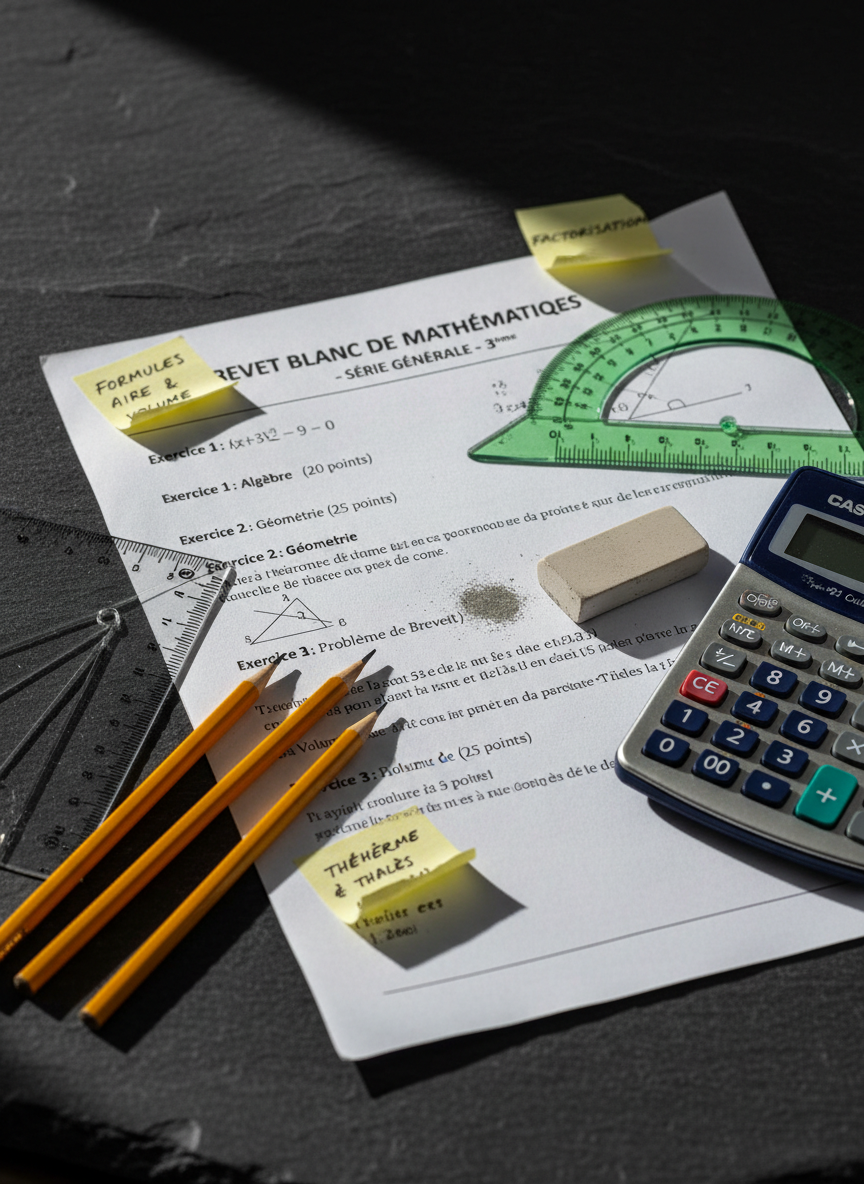 A dramatic, photographic still life of French collège maths exam preparation materials arranged on a dark slate surface, shot from a slightly elevated angle. In the center lies an open control sheet styled like a brevet practice test, filled with word problems, geometry diagrams, and algebraic questions appropriate for 3e. Surrounding it are sharpened HB pencils, a transparent ruler, a protractor, an eraser dusted with graphite crumbs, and a precision calculator. Sticky notes with neatly written revision reminders peel from the exam pages. Directional side lighting from the left creates pronounced shadows and highlights the texture of the paper and tools, producing a focused, slightly intense atmosphere. The composition uses a shallow depth of field to draw attention to the exam’s central questions, evoking serious yet controlled exam readiness.