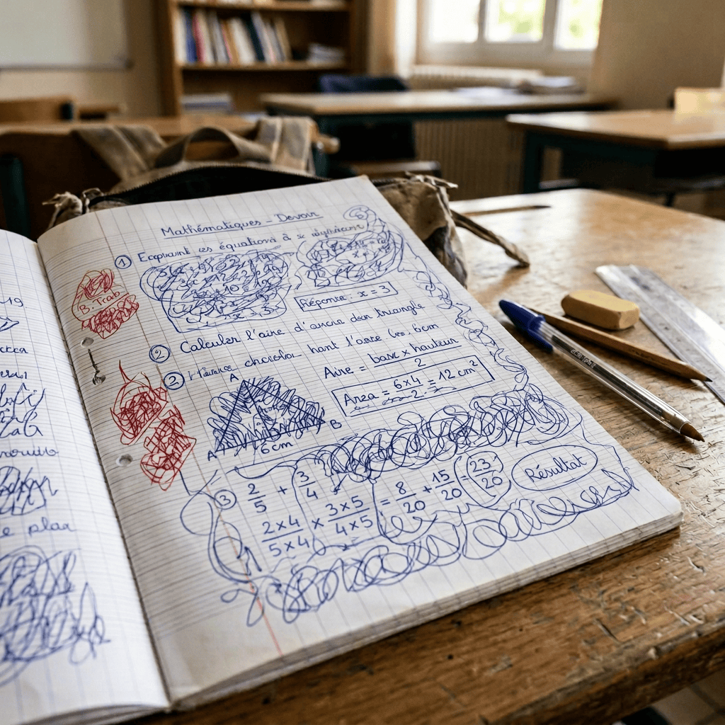 Open notebook with handwritten French mathematics exercises on equations, geometry, and fractions